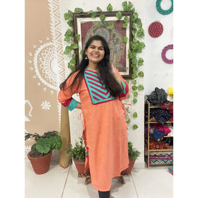 Peach Cotton Solid Designer Kurti