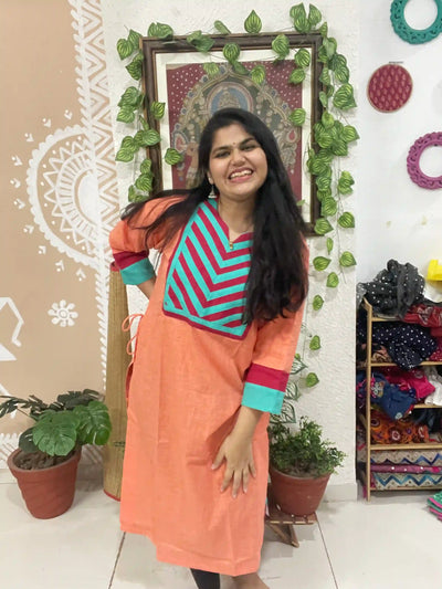 Peach Cotton Solid Designer Kurti