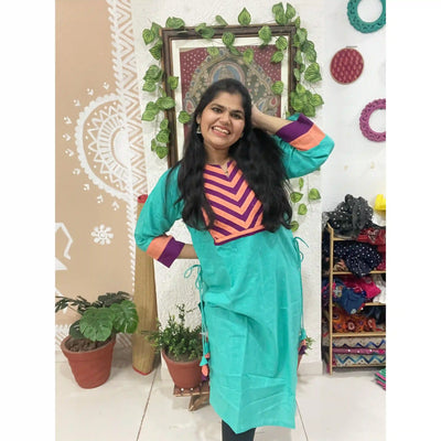 Sea Green Cotton Solid Designer Kurti