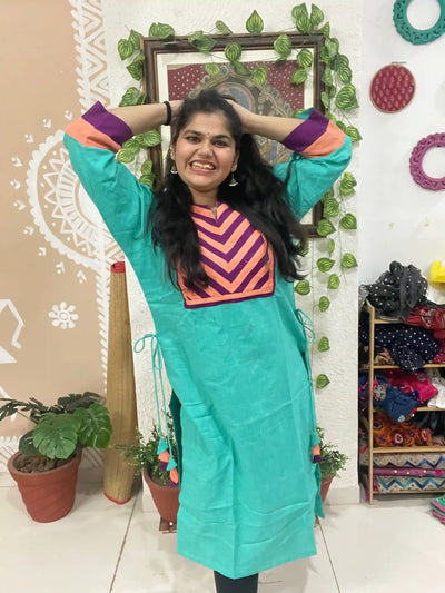 Sea Green Cotton Solid Designer Kurti