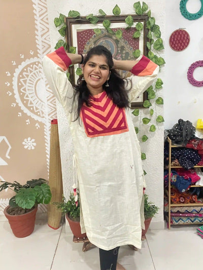 Cream Cotton Solid Designer Kurti