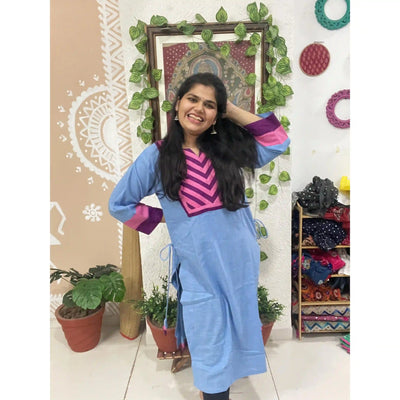 Blue Cotton Solid Designer Kurti