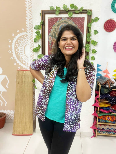 Purple-Blue Batik Cotton Faux Shirt Top