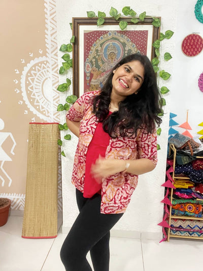 Red Batik Cotton Faux Shirt Top