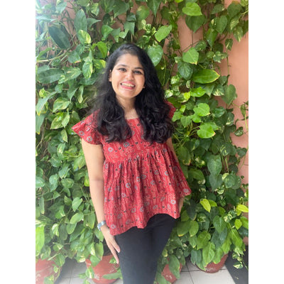 Madder Ajrakh Flared Top with Frilled Sleeves