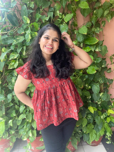 Madder Ajrakh Flared Top with Frilled Sleeves