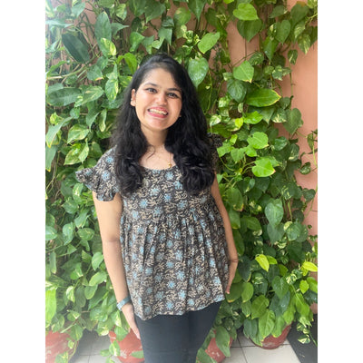 Black Ajrakh Flared Top with Frilled Sleeves