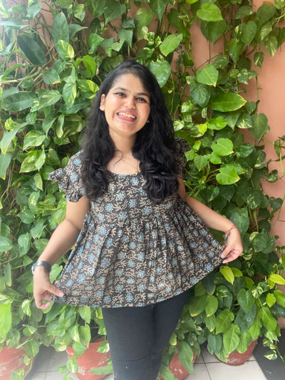 Black Ajrakh Flared Top with Frilled Sleeves