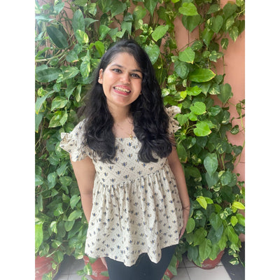 Cream Ajrakh Flared Top with Frilled Sleeves