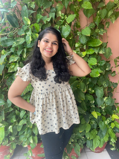 Cream Ajrakh Flared Top with Frilled Sleeves