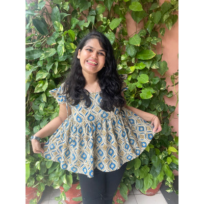 Cream Ajrakh Flared Top with Frilled Sleeves