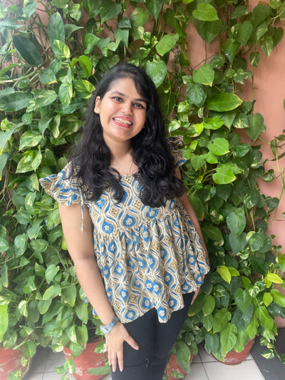 Cream Ajrakh Flared Top with Frilled Sleeves