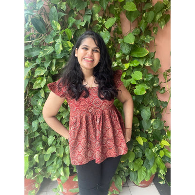 Madder Ajrakh Flared Top with Frilled Sleeves