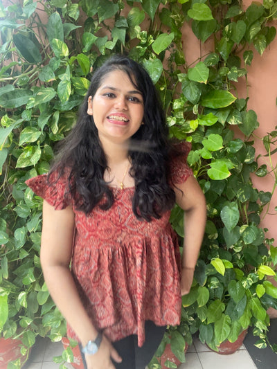 Madder Ajrakh Flared Top with Frilled Sleeves