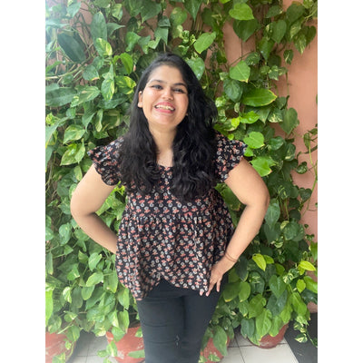 Black Ajrakh Flared Top with Frilled Sleeves