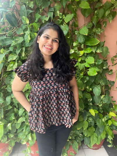 Black Ajrakh Flared Top with Frilled Sleeves