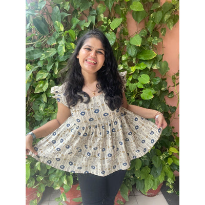 Cream Ajrakh Flared Top with Frilled Sleeves