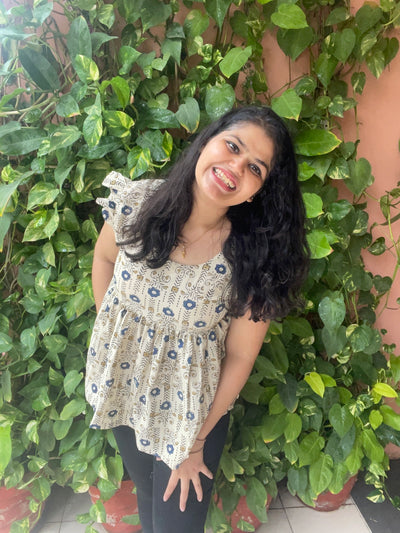 Cream Ajrakh Flared Top with Frilled Sleeves