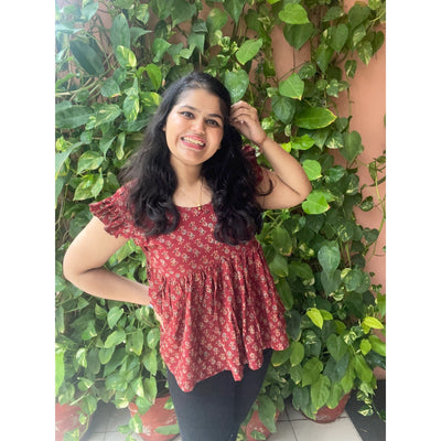 Madder Ajrakh Flared Top with Frilled Sleeves