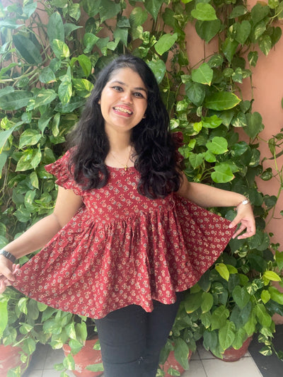 Madder Ajrakh Flared Top with Frilled Sleeves