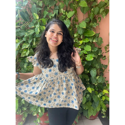 Cream Ajrakh Flared Top with Frilled Sleeves