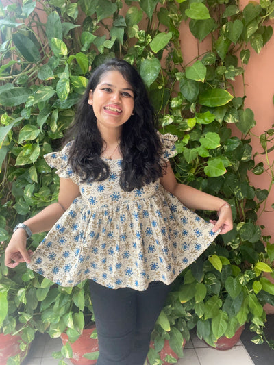 Cream Ajrakh Flared Top with Frilled Sleeves