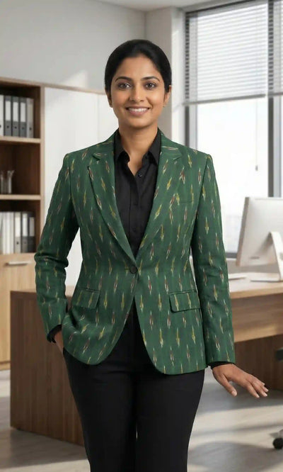 Green Handloom Ikat Cotton Blazer
