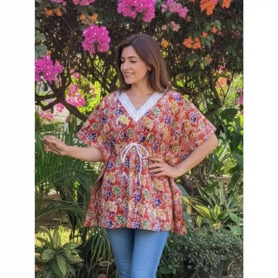 Red Batik Copper Block Print Designer Short Kaftan