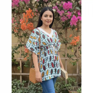 Cream Batik Block Print Designer Short Kaftan