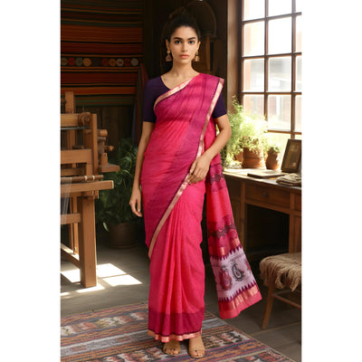 Pink Handloom Maheshwari Silk Blockprinted Saree