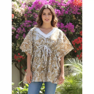 Brown Batik Block Print Designer Short Kaftan