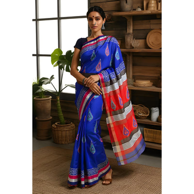 Royal Blue Handloom Maheshwari Silk Saree with Khari Block Prints