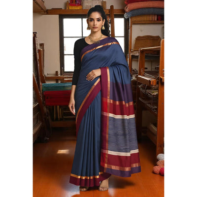 Navy Blue Handloom Maheshwari Silk Saree
