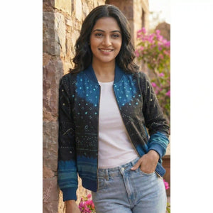 Dark Blue Bandhani Merino Wool Bomber Jacket