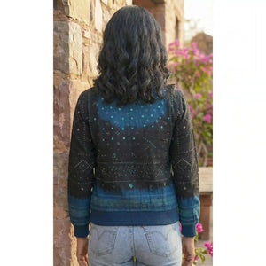 Dark Blue Bandhani Merino Wool Bomber Jacket