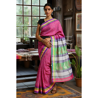 Pink Handloom Maheshwari Silk Saree with Khari Block Prints