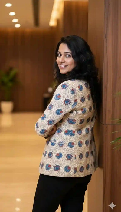 Cream Ajrakh Modal Silk Blazer