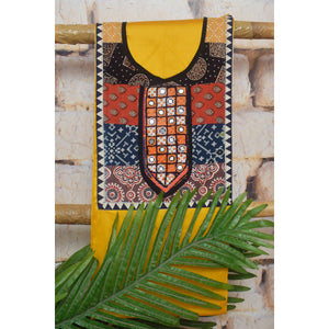 Yellow Cotton Embroidered Patchwork Kurti Fabric — full fabric view
