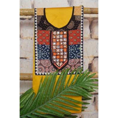 Yellow Cotton Embroidered Patchwork Kurti Fabric — full fabric view