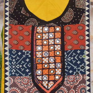 Yellow Cotton Embroidered Patchwork Kurti Fabric — yoke and patchwork detail