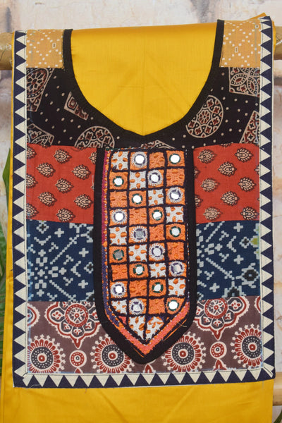 Yellow Cotton Embroidered Patchwork Kurti Fabric — yoke and patchwork detail – alternate view