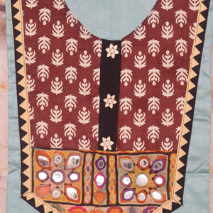 Light Blue Cotton Embroidered Patchwork Kurti Fabric — yoke and patchwork detail