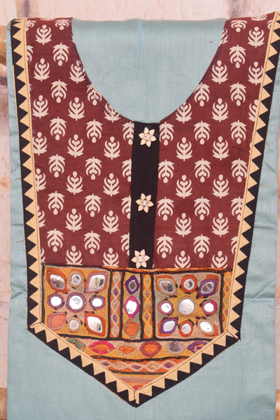 Light Blue Cotton Embroidered Patchwork Kurti Fabric — yoke and patchwork detail – alternate view
