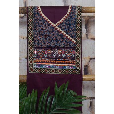 Purple Cotton Embroidered Patchwork Kurti Fabric — full fabric view