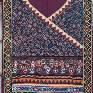Purple Cotton Embroidered Patchwork Kurti Fabric — yoke and patchwork detail