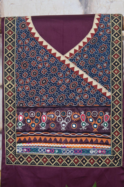 Purple Cotton Embroidered Patchwork Kurti Fabric — yoke and patchwork detail – alternate view