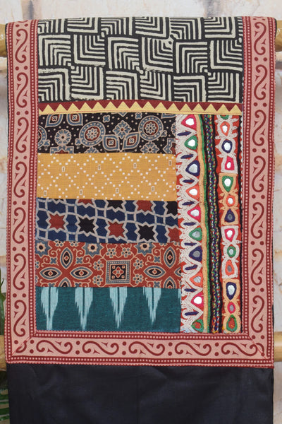Black Cotton Embroidered Patchwork Kurti Fabric — yoke and patchwork detail – alternate view