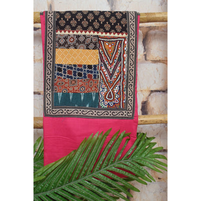 Hot Pink Cotton Embroidered Patchwork Kurti Fabric — full fabric view