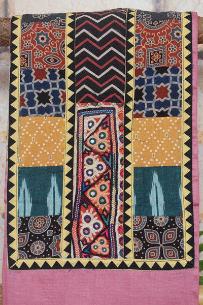 Pink Cotton Embroidered Patchwork Kurti Fabric — yoke and patchwork detail – alternate view