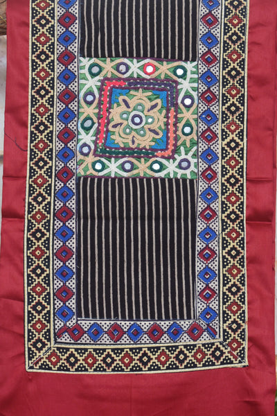 Red Cotton Embroidered Patchwork Kurti Fabric — yoke and patchwork detail – alternate view